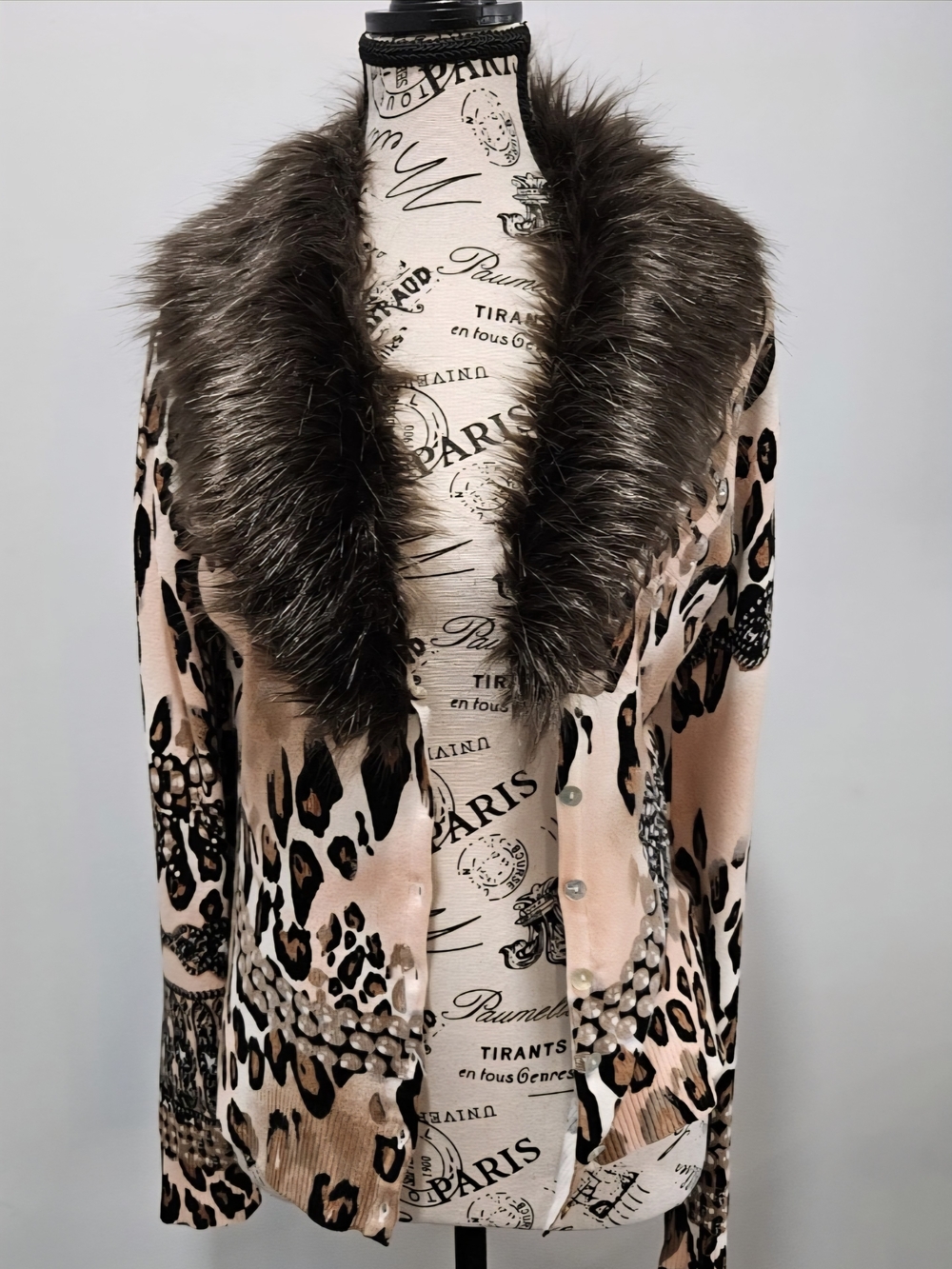 Boston Proper Blush Leopard Print Cardigan with Faux Fur Collar